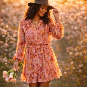 LC Lauren Conrad Pink Floral Metallic Ruffle Dress XL Chiffon Coquette Fairycore